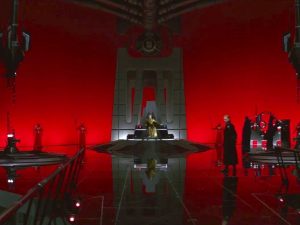 The Red Throne Room in The Last Jedi, a dark, tall throne, flanked by crimson walls.