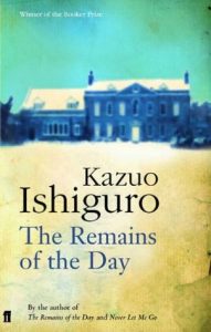 Book Cover of The Remains of the Day a watercolor like image of a manor house in the distance