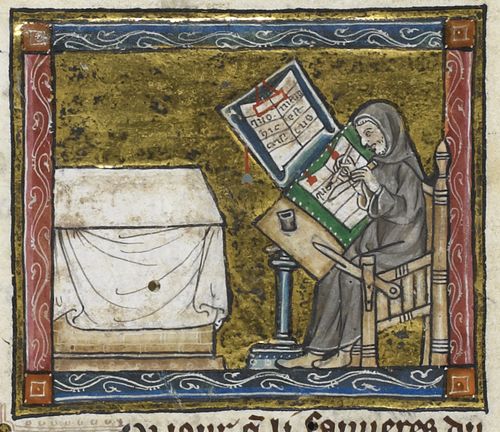 Hermit using penknife to steady parchment while writing. Detail of a miniature of a hermit at work on a manuscript, from the Estoire del Saint Graal, France (Saint-Omer or Tournai?), c. 1315 – 1325, Royal MS 14 E III, f. 6v